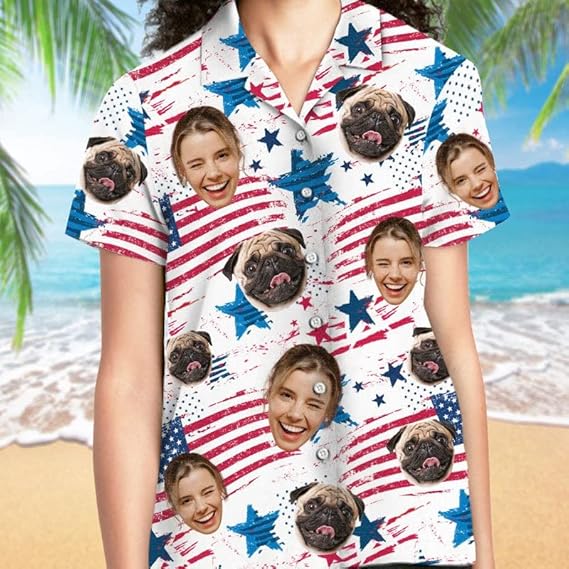 Personalized Hawaiian Shirt with Faces, Short Sleeve Tropical Floral Button, Down Beach Shirt for Men, Gift for Pet Lovers