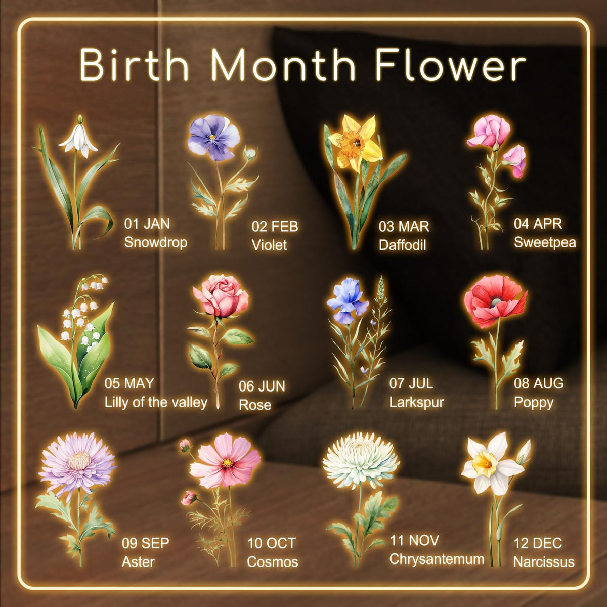 Personalized Birth Month Flower Plaque with Night Light, Mothers Day Birthday Gifts For Mom From Daughter Son with Name, Custom Mothers Garden Acrylic LED Gifts for Grandma Wife From Grandkids