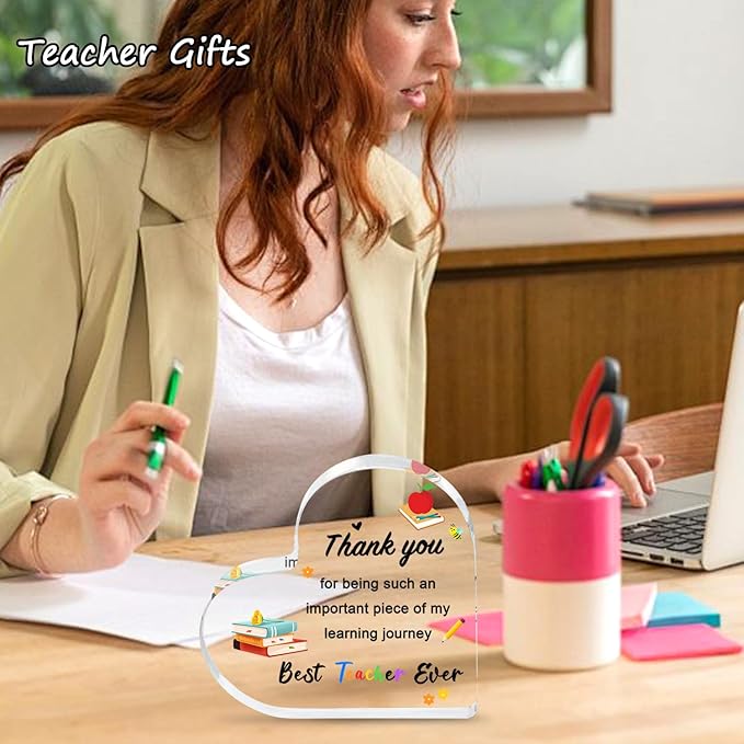 Teacher Appreciation Gifts 2025 - Heart Shaped Acrylic Plaque, End of Year Thank You Gift from Students, Graduation Teacher Gifts Ideas, Thankful Quotes Keepsake, Paperweight, Retirement