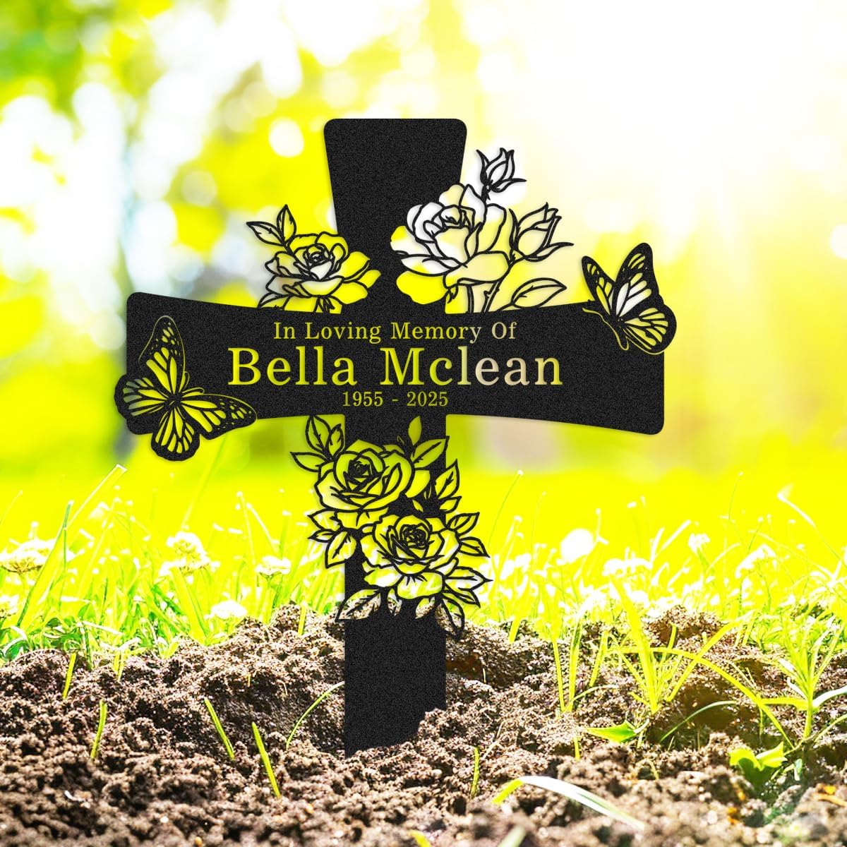 Custom Rose Flowers Memorial Stake Grave Marker for Mom Grandma, Personalized Metal Floral Butterflies Cross Stake Memorial Plaque for Mom Cemetery Grave Outdoors Yard Garden Decorations
