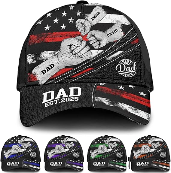 Personalized Dad Baseball Cap with Kid Names Custom Fist Bump Hat for Fathers Day, Birthday, Daddy, Grandpa Gift