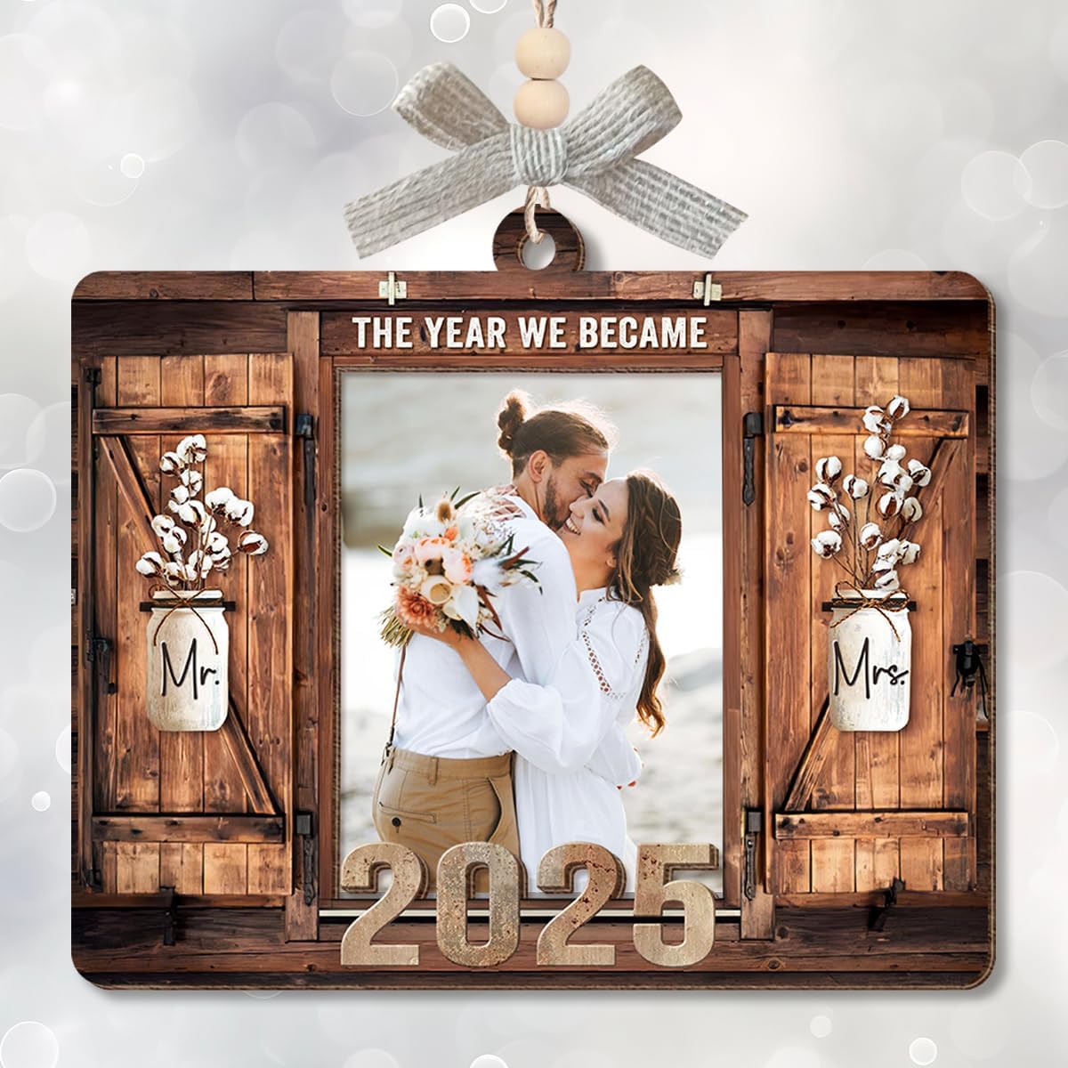 Personalized Wedding Gifts for Couples 2025 - Marriage Customized Wood Ornaments with Photos, Bridal Shower Gifts for Bride, Mr and Mrs Engagement Gift, Personalized Picture Frame