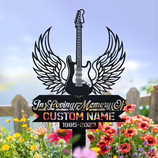 Custom Guitar Grave Marker,Guitar Silhouette Memorial Stakes,Decor Gifts for Loss of Loved One,Symbolic Memorial Stakes for Cemetery,Sympathy Gift,Metal Garden/Yard Sign, Black