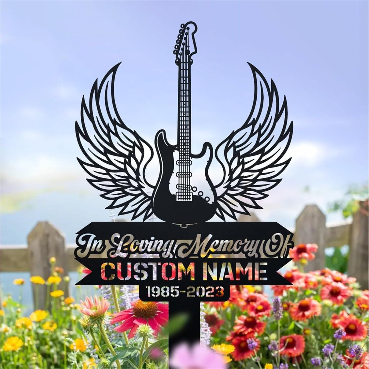 Custom Guitar Grave Marker,Guitar Silhouette Memorial Stakes,Decor Gifts for Loss of Loved One,Symbolic Memorial Stakes for Cemetery,Sympathy Gift,Metal Garden/Yard Sign, Black