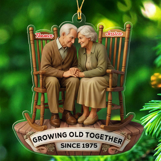 Personalized Growing Old Together Christmas Ornament 2025, Old Couple Sitting On Rocking Chairs Shaped Ornament Gift for Parents Grandparents,Custom Text Name Mr Mrs Ornaments for Wedding Anniversary