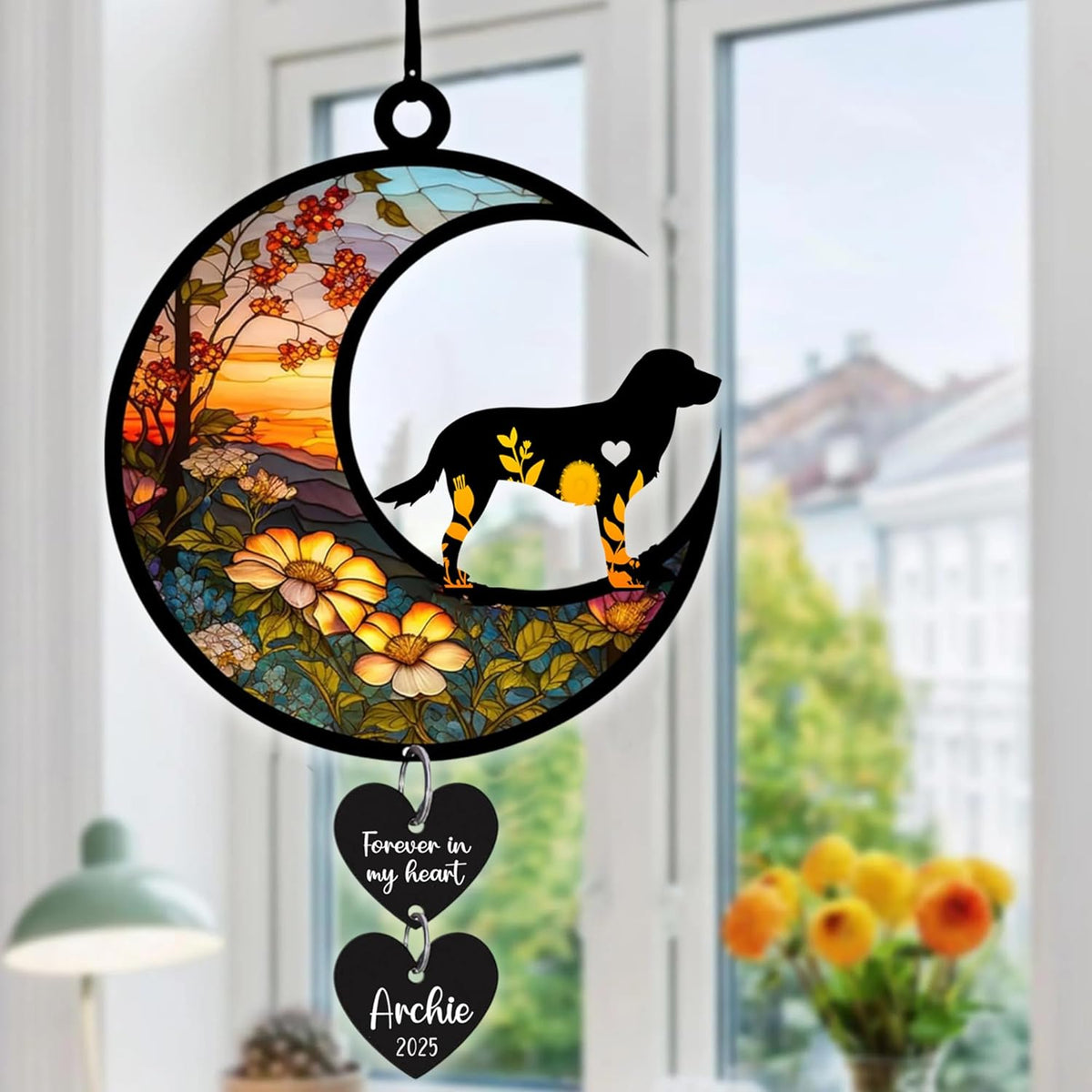 Personalized Dog Memorial Suncatcher Window, Pet Loss Sympathy Gift, Custom Fur Memorial Gifts for Loss of Pet, Dog Remembrance Stained Glass, Hanging Garden Decor with Moon