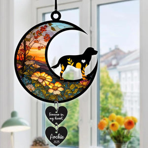 Personalized Dog Memorial Suncatcher Window, Pet Loss Sympathy Gift, Custom Fur Memorial Gifts for Loss of Pet, Dog Remembrance Stained Glass, Hanging Garden Decor with Moon