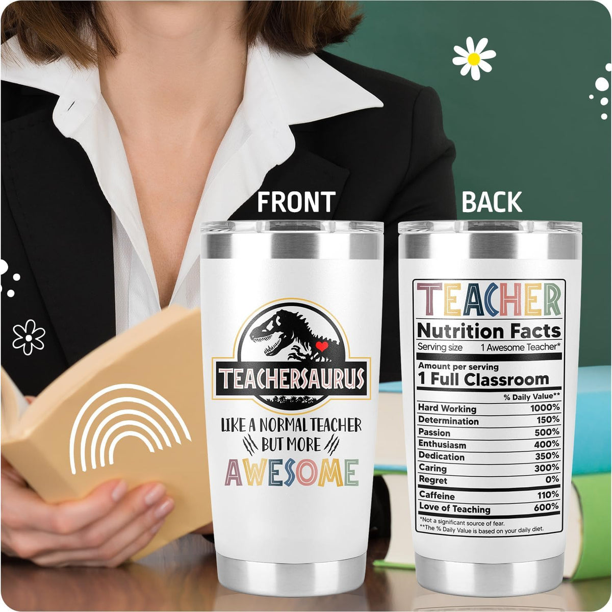 Teacher Cup Tumbler - Gifts for Women Men, Thank You Gift Ideas for Teachers, Teachersaurus Gifts From Student - Tumbler Best Teachers Day Week Appreciation Gift