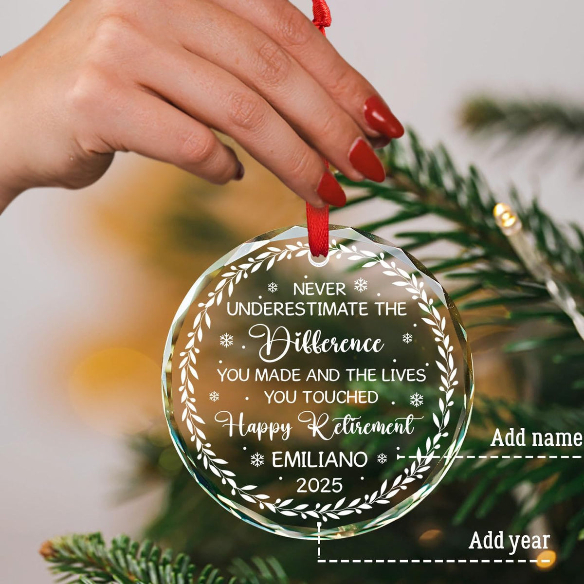 Personalized Happy Retirement Glass Christmas Ornament Gift for Retired Women Coworker Employee Teacher Friends, Never Underestimate The Difference You Made Ornament, Custom Name Retired Ornaments