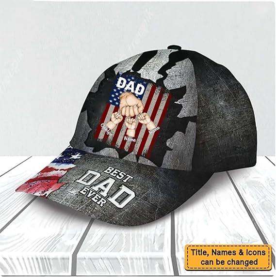 Fist Bump Flag Best Dad Ever Cap - Personalized Men Cap Gifts for Father's Day, Birthday Gift for Dad Grandpa Papa, Best Dad Ever Hat Custom Nickname and Kid's Names
