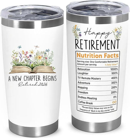Retirement Gifts For Women 2026 - A New Chapter Begins Tumbler - Retired Gift For Boss Female, Happy Retirement with Nutrition Facts Gifts For Coworker Lady, Mothers Day Gift Chirstmas