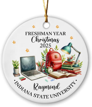 Customized Name First Christmas As A College Freshman Ceramic Ornament 2025, Personalized University Ornament Gift for Students Friends
