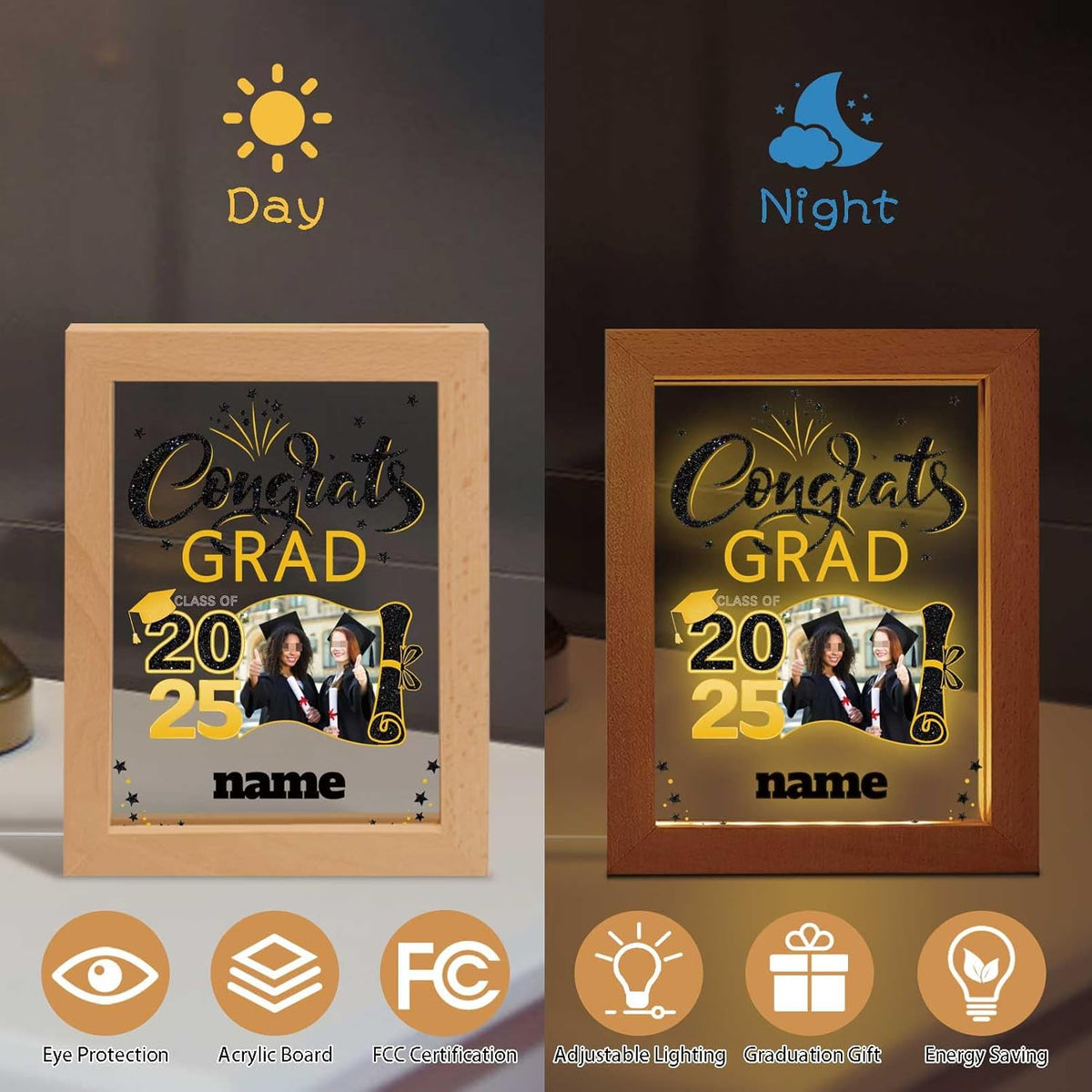 Personalized Night Light Graduation Gift with Wooden Picture Frame Customized Photo Text Congrats Grad Gift Class of 2025 Acrylic Night Lamp Gift for Graduation