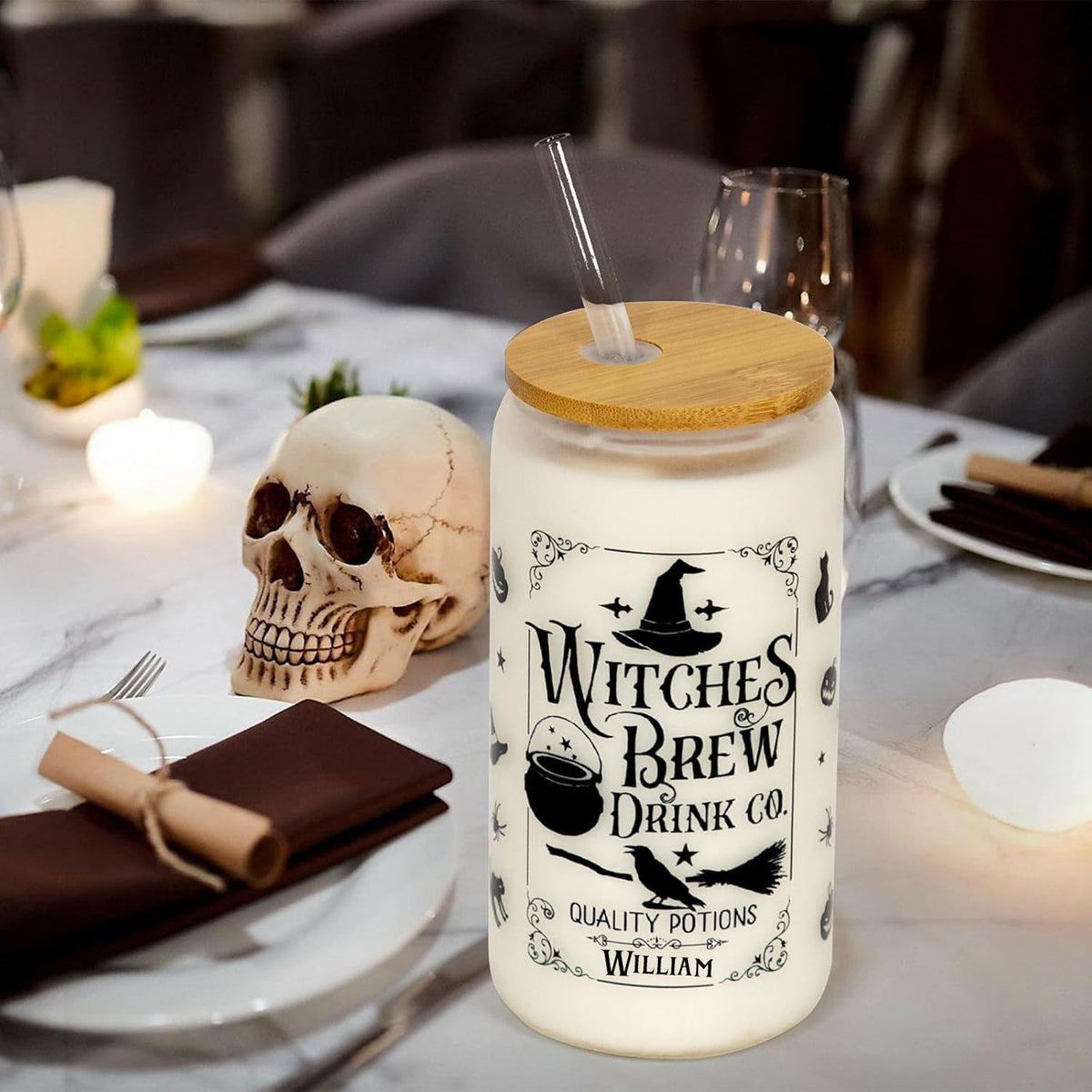 Halloween Glass Cup, Frosted Witch Iced Coffee Can Cup Tumbler with Lid and Straw, Witch Tumbler Beer Can Glass, Halloween Gifts Decorations