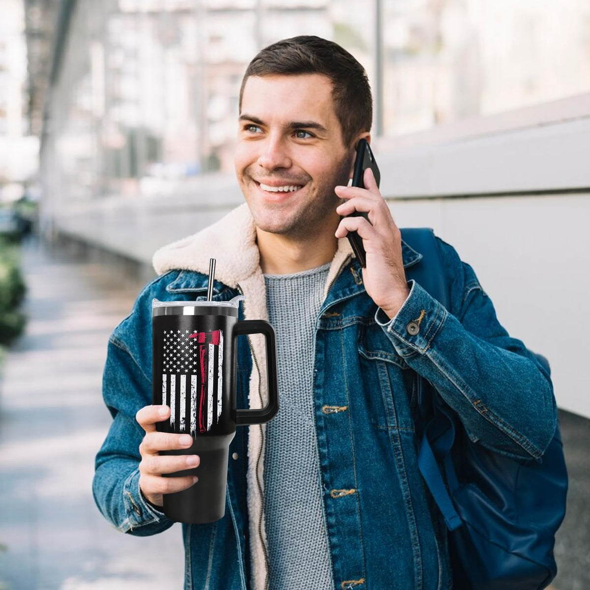 Firefighter Gifts for Men,40 oz American Flag Tumbler with Handle Lid and Straw Stainless Steel Cups Mug, Firefighter Stuff Supplies Accessories