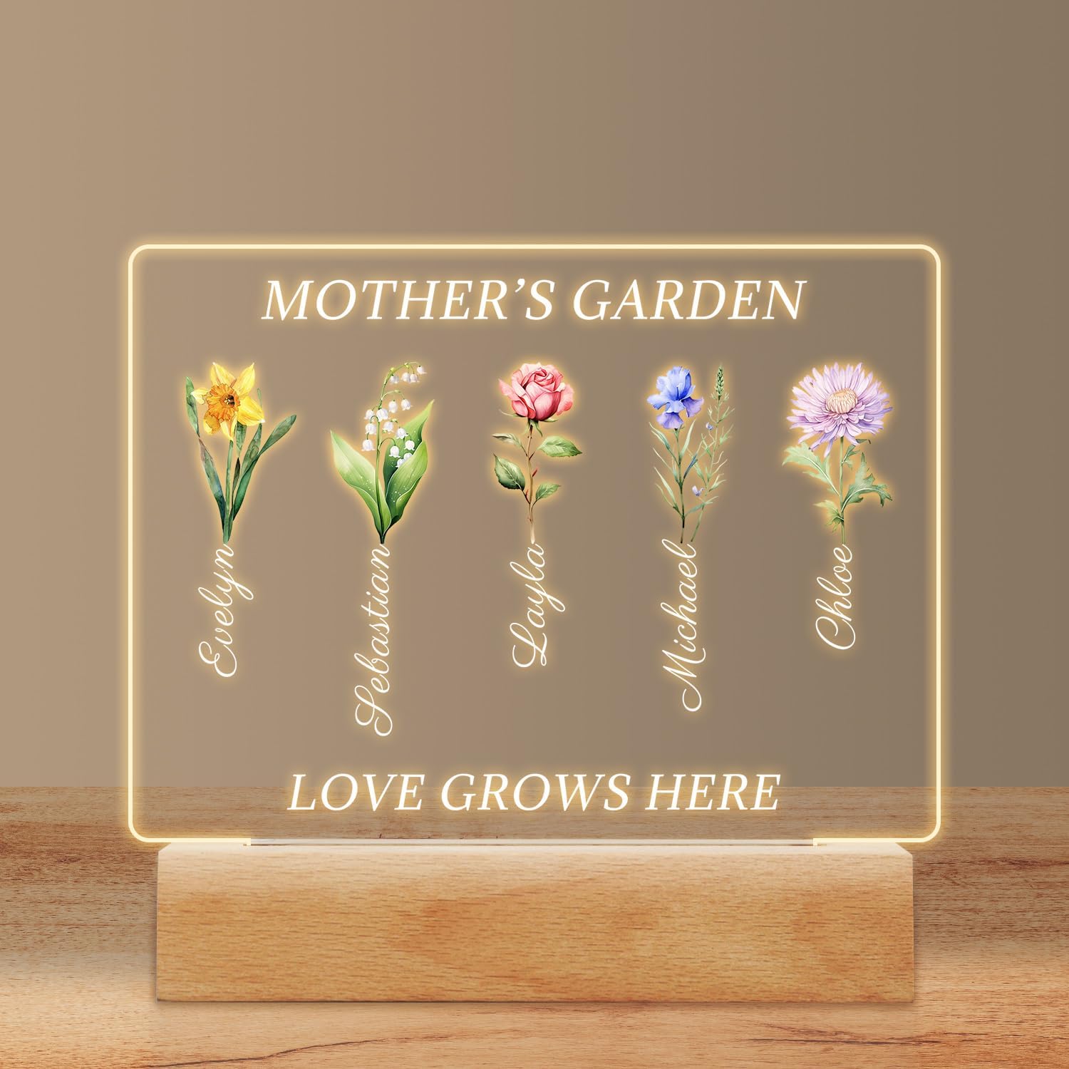 Personalized Birth Month Flower Plaque with Night Light, Mothers Day Birthday Gifts For Mom From Daughter Son with Name, Custom Mothers Garden Acrylic LED Gifts for Grandma Wife From Grandkids