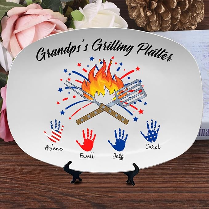 Personalized 4th Of July Platter Custom Name Independence Day Plates Memorial Day, Ceramic Dinner Plate Ceramic Display Plate Red White and Blue Plates