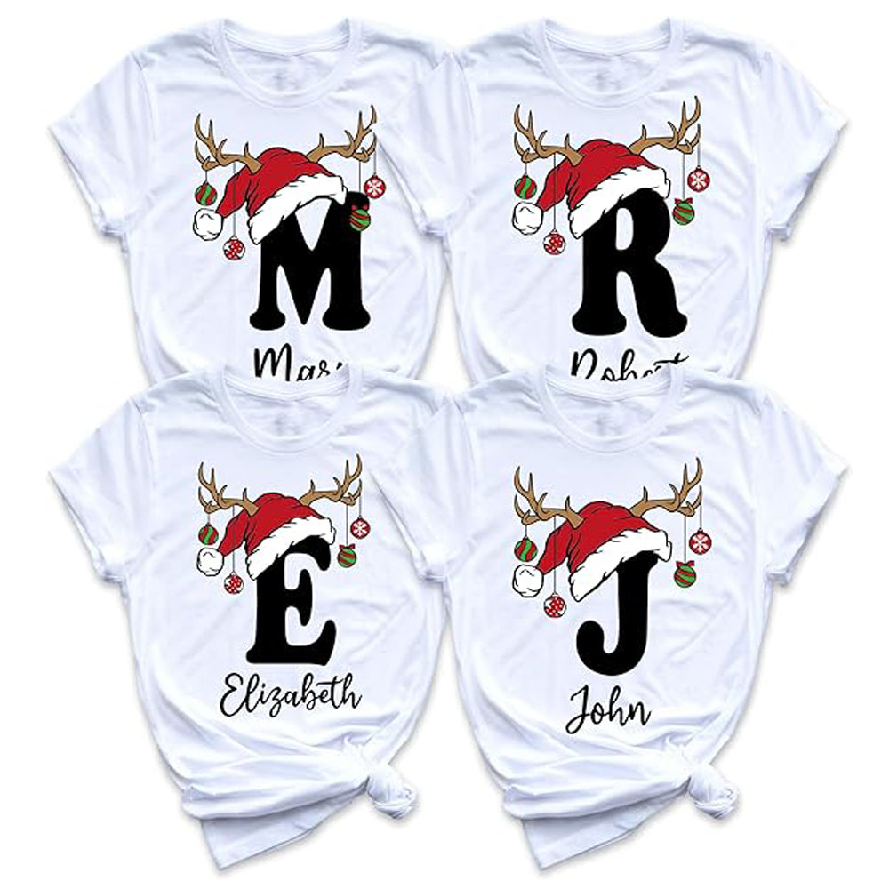Personalized Christmas Initial T-Shirt, Custom Name Holiday Design with Reindeer Antlers, Multiple Colors Available, Family Matching Shirts