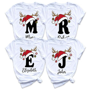 Personalized Christmas Initial T-Shirt, Custom Name Holiday Design with Reindeer Antlers, Multiple Colors Available, Family Matching Shirts
