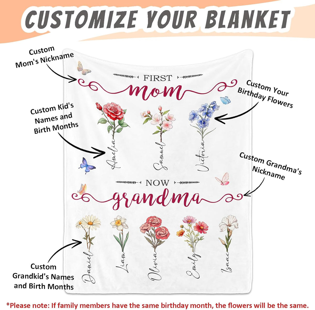 Mothers Day Birthday Gifts for Mom Personalized Blanket with Name for Grandma Mom's Garden Birthday Gift for Grandmother Mom Nana Gigi Mimi Mommy Blanket
