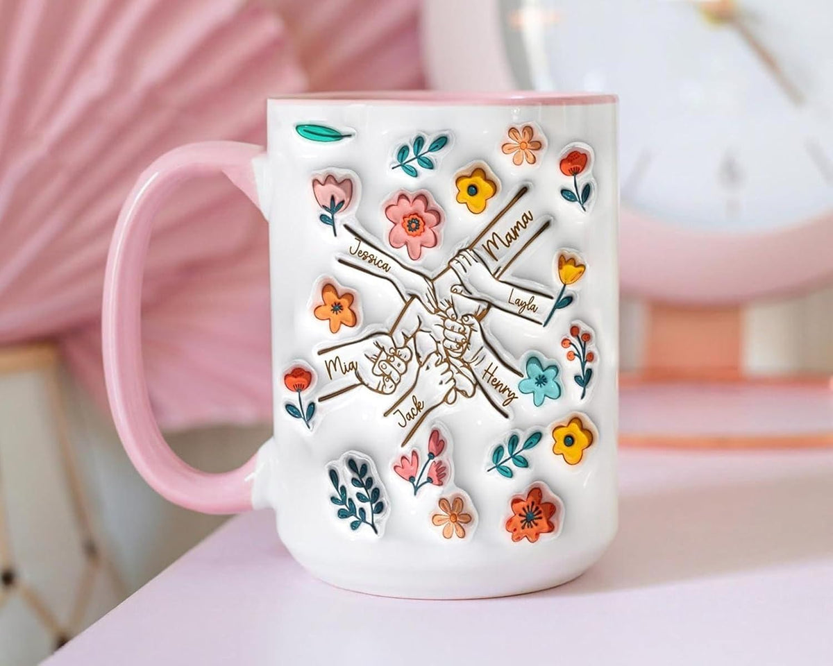 Personalized Mother's Day Gifts Mom You Hold My Hand Also My Heart Mug, Family Personalized Custom 3D Inflated Effect Printed Mug, Mother's Day, Gift For Mom, Grandma, Nana