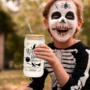 Halloween Glass Cup, Frosted Witch Iced Coffee Can Cup Tumbler with Lid and Straw, Witch Tumbler Beer Can Glass, Halloween Gifts Decorations