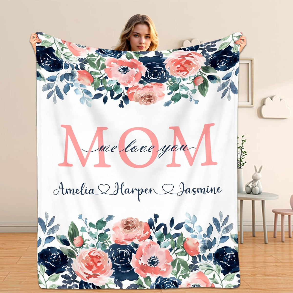 Mothers Day Birthday Gifts for Mom Personalized Blanket with Name for Grandma Mom's Garden Birthday Gift for Grandmother Mom Nana Gigi Mimi Mommy (Blue)