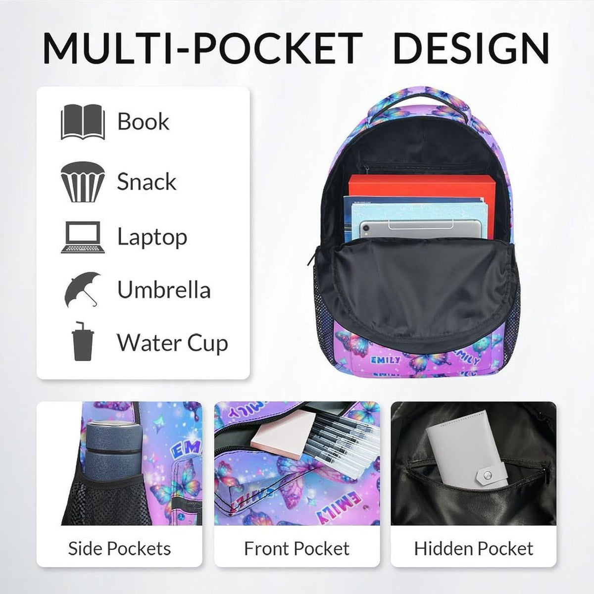 Girls Backpack, Personalized Butterfly Backpacks for Kids, Toddler Bookbag for Elementary Preschool Kindergarten, Custom School Bag with Name