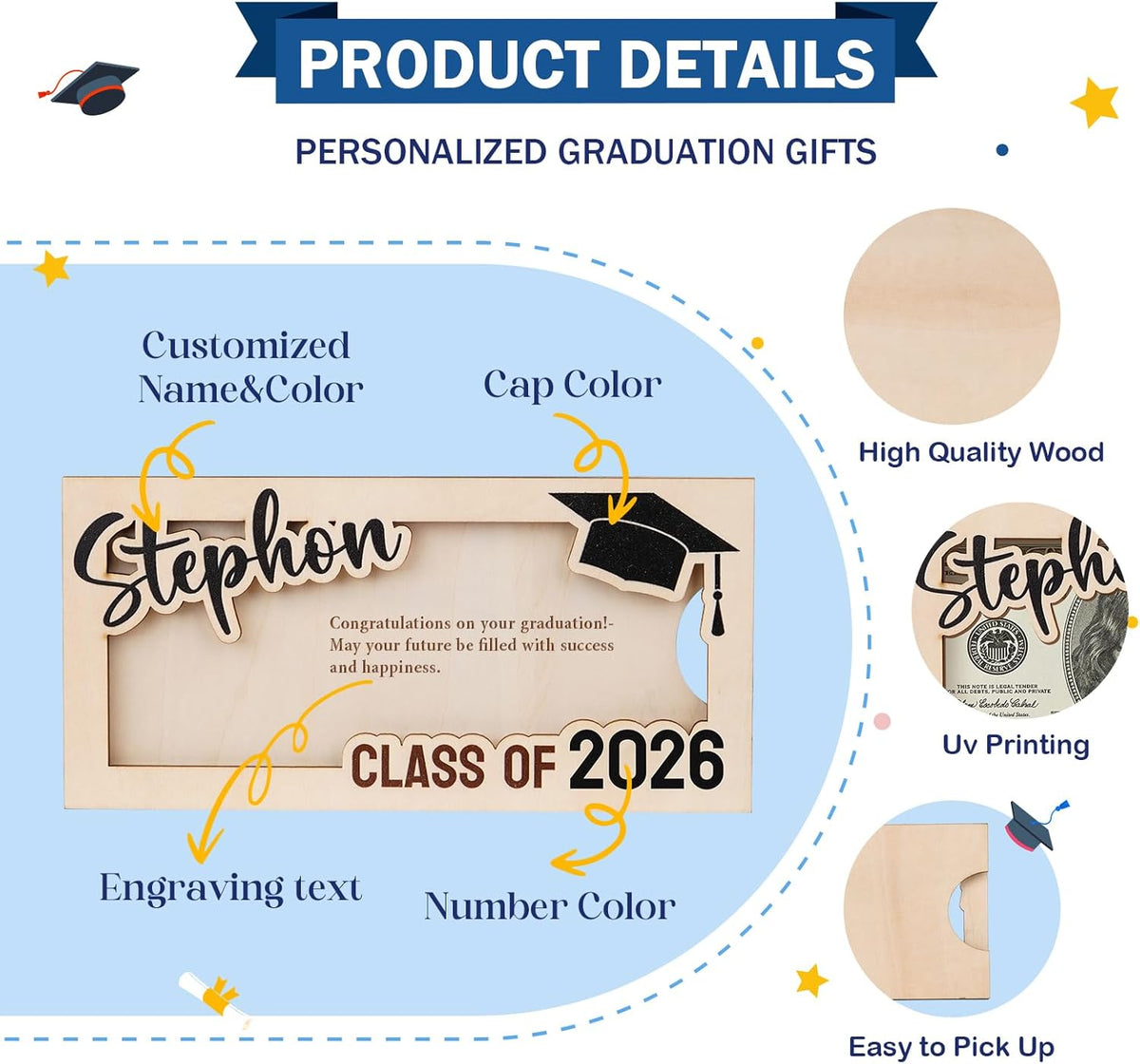 Graduation Money Holder 2026 Personalized, Graduation Gifts Money Holder with Name, Wooden Graduation Card Box Cash Holder Envelope, Class of 2026 Graduation Gifts