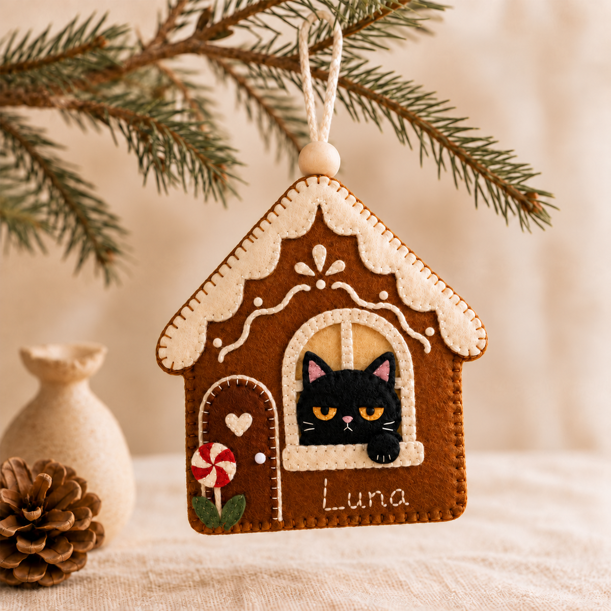 Personalized Black Cat Felt Ornament, Custom Name Gingerbread House Christmas Decoration, Cat Lover Gift 720e46f0-c65d-4e42-aa54-cb4413544ef7-1.png