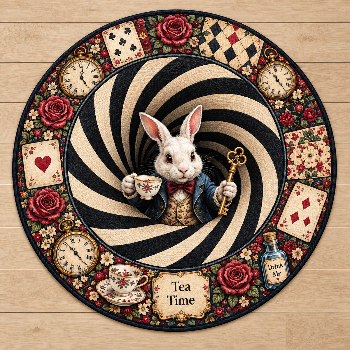 3D Rabbit Hole Optical Illusion Round Rug, Whimsical Bunny Tea Party Floor Mat, Checkered Vortex Carpet, Fantasy Wonderland Home Decor 722706ee-768c-432b-a46f-5d8d3325dee9-Th-m-tr-n-Alice-Tea-Time-huy-n-o.png