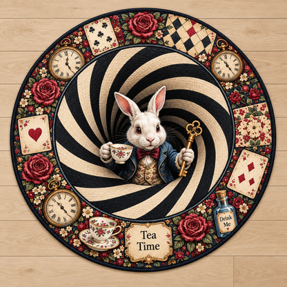 3D Rabbit Hole Optical Illusion Round Rug, Whimsical Bunny Tea Party Floor Mat, Checkered Vortex Carpet, Fantasy Wonderland Home Decor 722706ee-768c-432b-a46f-5d8d3325dee9-Th-m-tr-n-Alice-Tea-Time-huy-n-o.png