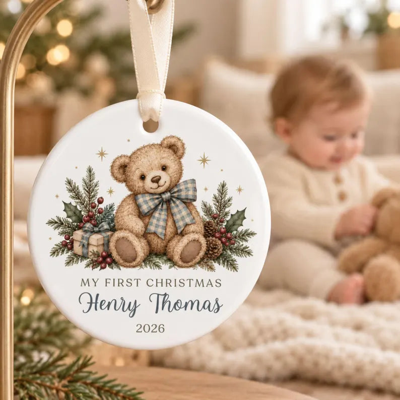 Personalized Baby's First Christmas Ornament, Teddy Bear with Blue Gingham Bow, Custom Name Ceramic Keepsake, Baby Boy Christmas 2026 722ed075-caa4-4864-8c02-17a1d8f8efc1-fgjyg-8-.webp