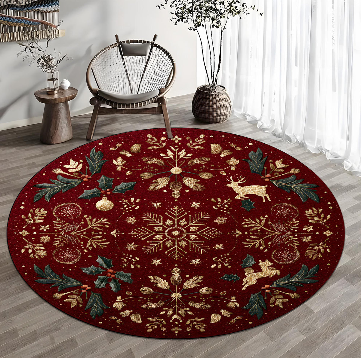 Red Christmas Round Rug, Elegant Holiday Carpet with Gold Snowflake and Reindeer Design for Living Room or Entryway 724025b2-8292-4341-9063-5437d796f594-3.jpg