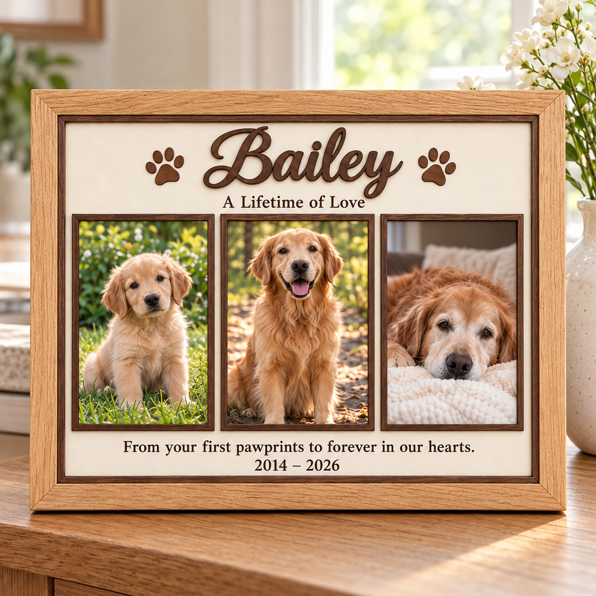 Personalized Dog Memorial Photo Frame, Custom Wooden 3 Photo Collage, A Lifetime of Love Pet Keepsake, Loss of Dog Sympathy Gift 7242bf4c-789a-4236-a4f6-e917f6fa6fcd-Bailey-s-Wooden-Pawprint-Memorial-Frame-1.png