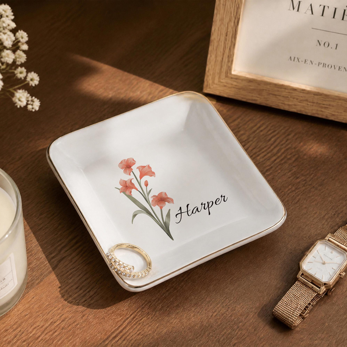 Personalized Birth Flower Ring Dish, Custom Name Jewelry Tray, Bridesmaid Gifts for her 729a1eed-9370-47ef-a5e6-01bc532a4c2a-3.png