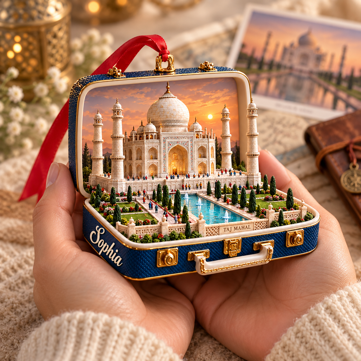 Personalized 3D Taj Mahal Suitcase Christmas Ornament – Agra India Travel Souvenir & Gift for India Lovers 72d9af3e-5c3d-49b9-9944-83a9a4ab815e-Sophia-s-Taj-Mahal-Suitcase-Keepsake.png