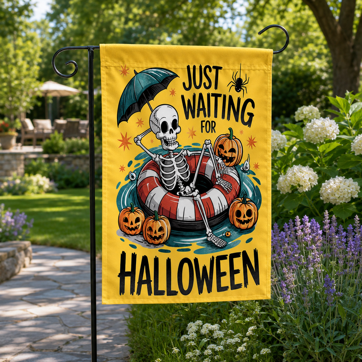 Just Waiting For Halloween Garden Flag, Summerween Skeleton Flag, Spooky Summer Decor, Halloween Pool Float Flag, Funny Halloween Flag 72fa0525-4cec-481d-a278-15fde99c4c16-banner-1.png
