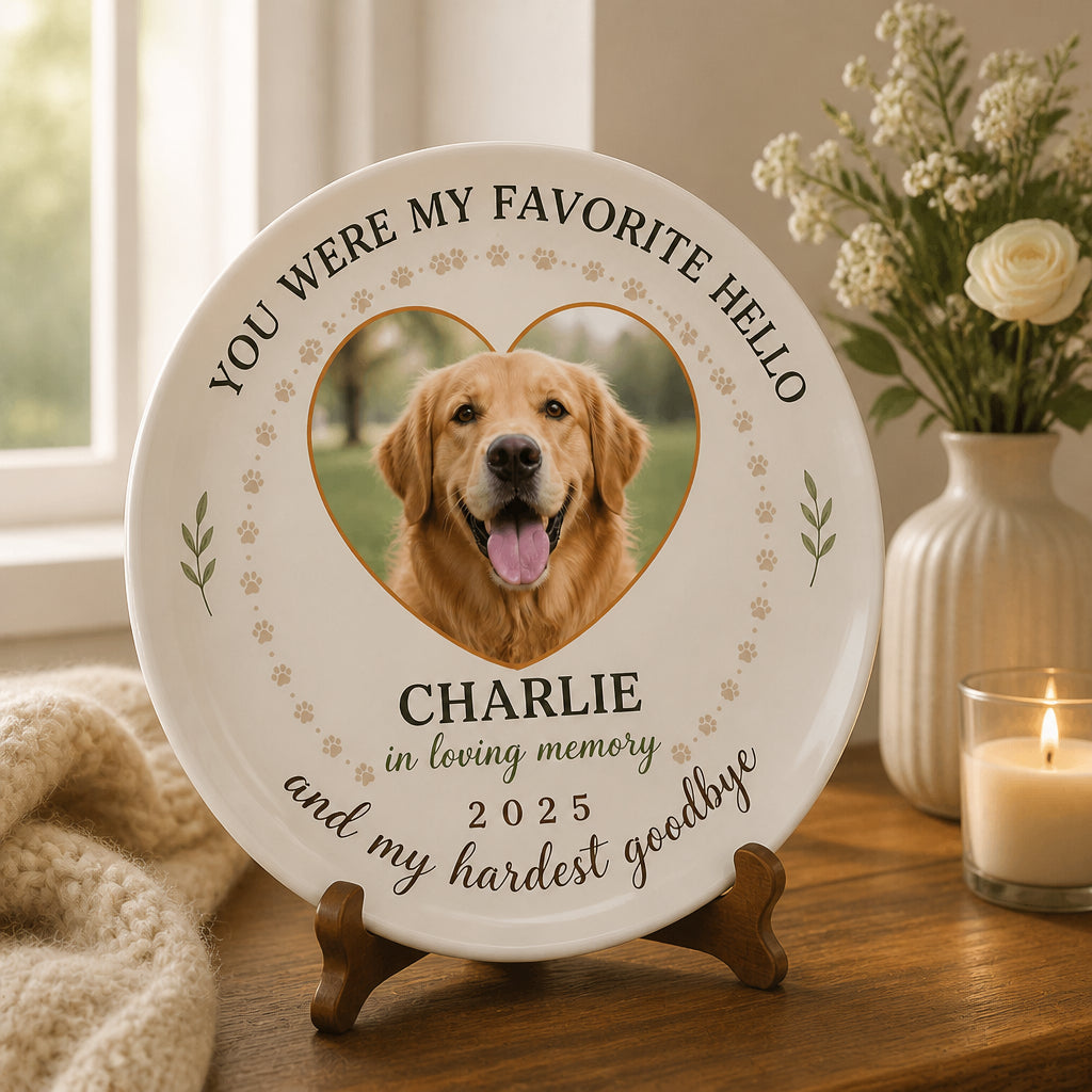 Pet Memorial Photo Plate — Favorite Hello, Hardest Goodbye - Personalized Personalized Ceramic Plate 72fe66d2-b216-47c0-ac3d-fb9ae45804e5.jpg