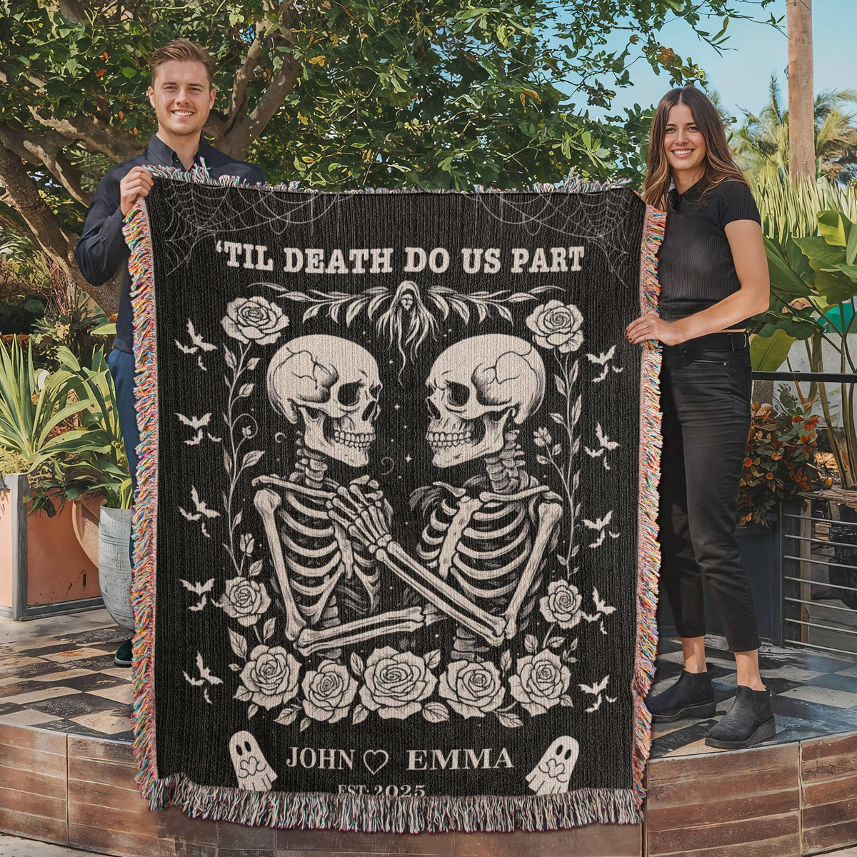 Skeleton Couple Till Death Blanket, Personalized Skeleton Lovers Wedding Blanket, Spooky Goth Couple Halloween Gift, Valentines, Anniversary 731af4d5-447f-48ae-b072-dda004c4280c-3.jpg