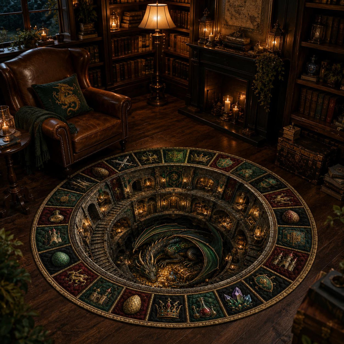 Dragon Fantasy Round Rug, 3D Illusion Medieval Castle Floor Mat, Dragon Lair Dungeon Rug, Gothic RPG Home Decor 73cf118e-ee5c-41ef-a40c-c9da6c46e13e-4.jpg