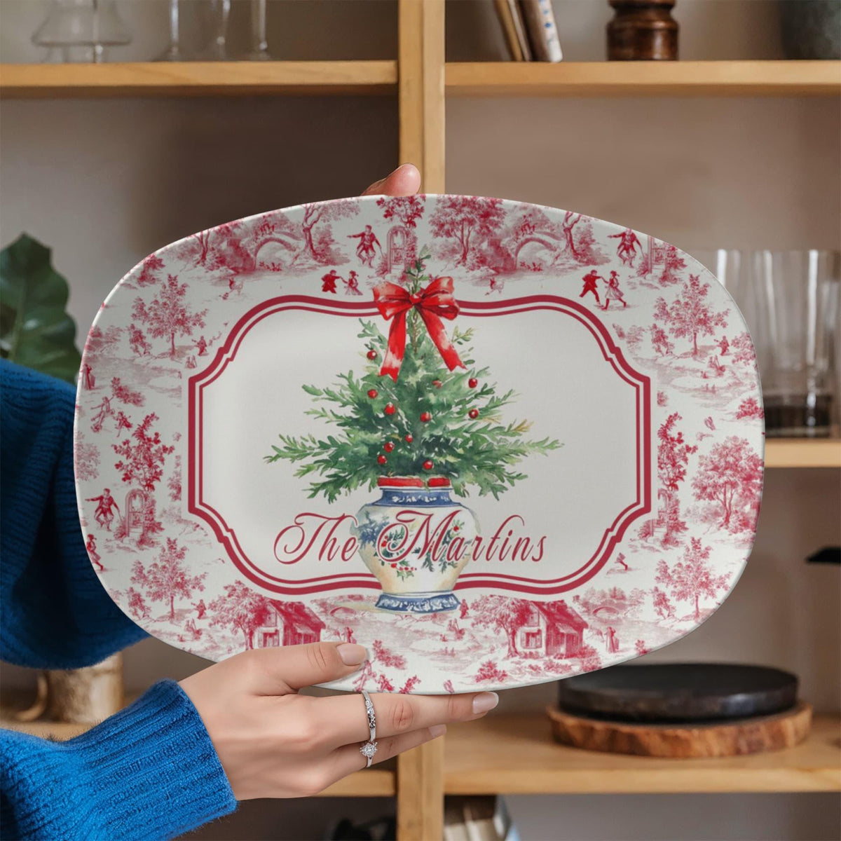 Personalized Red Toile Christmas Platter, Holiday Serving Tray, Custom Family Name, Festive Dinnerware, Chinoiserie Platter, Hostess Gift 73db55c8-d96a-4bdc-86e9-7db3426aea85-3.jpg