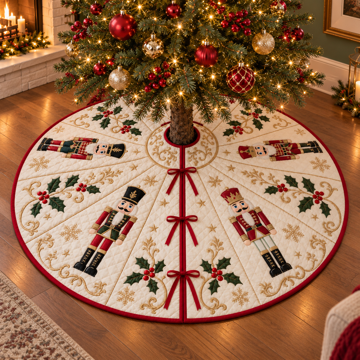 Quilted Nutcracker Christmas Tree Skirt, Vintage Cream Xmas Tree Mat, Holly Berry Tree Skirt, Traditional Holiday Living Room Decor, Gift 73ec25ab-f213-44a2-bdfc-f90ad7d04961-banner-2.png