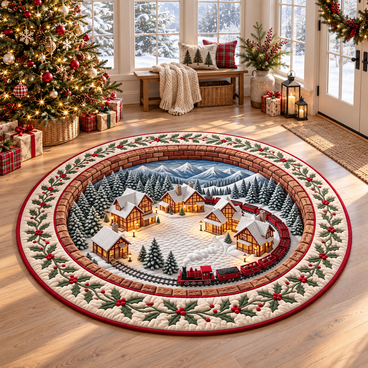 Christmas Village Train Rug, Winter Wonderland Round Floor Mat, Holiday Home Decor, Cozy Christmas Gift 73f2294e-1340-4d99-98ba-7e94e565768e-banner-1.png