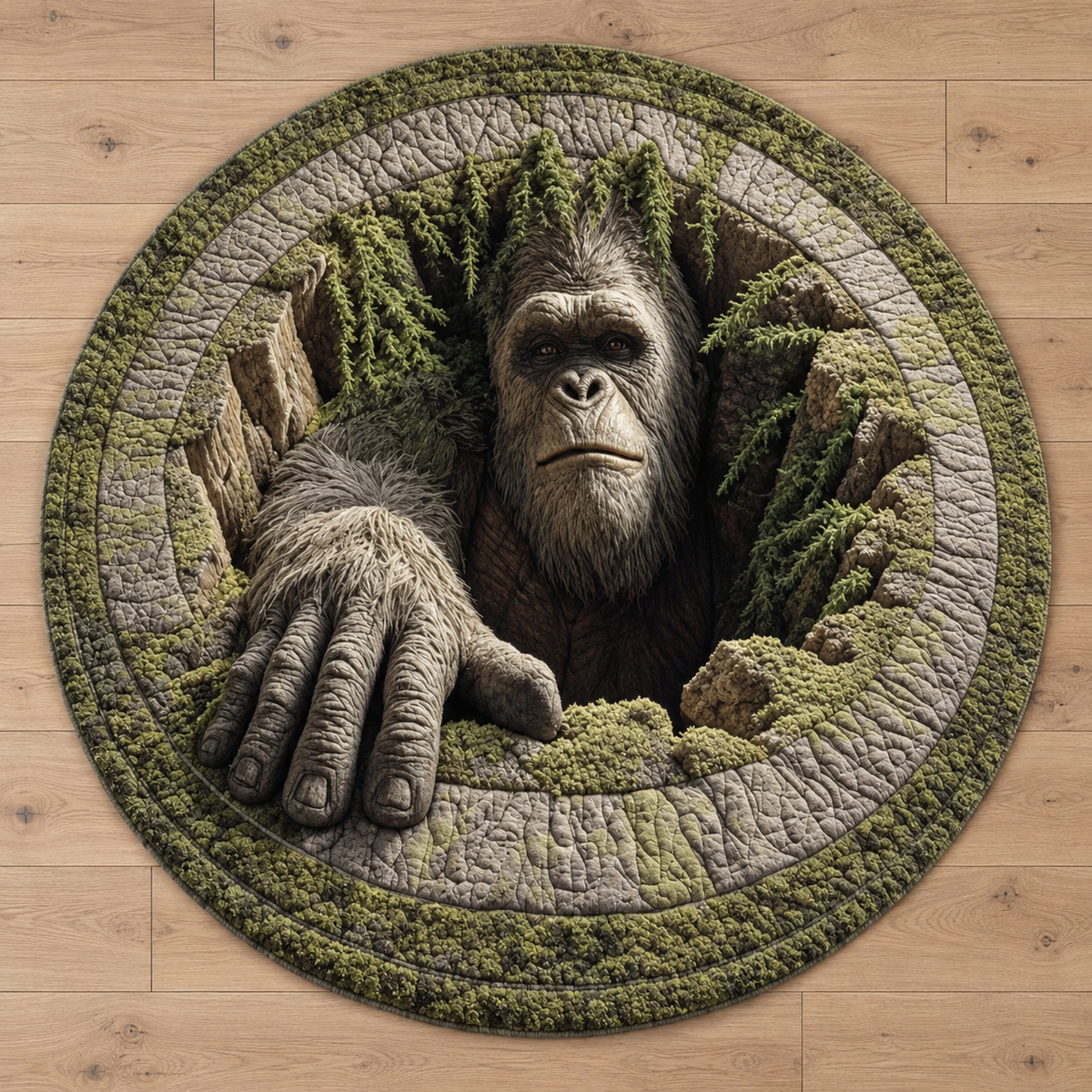Bigfoot Round Mat, Sasquatch 3D Illusion Rug, Forest Creature Floor Mat, Rustic Cabin Decor, Cryptid Rug, Bigfoot Lover Gift 74202054-06e4-45a9-906b-3f0545e0a22f-Th-m-tr-n-kh-t-o-gi-c-2.png