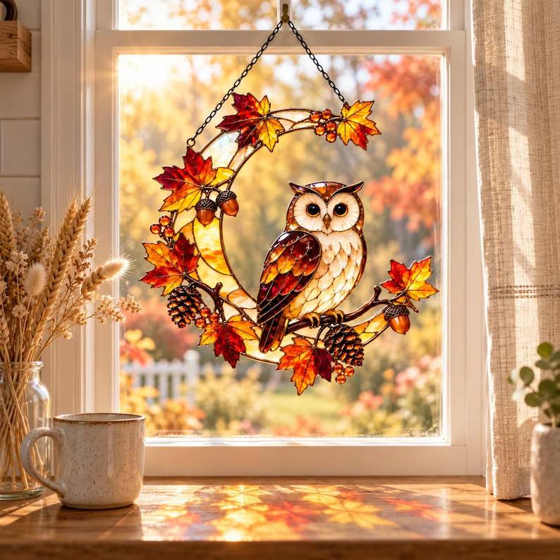 Fall Owl Moon Acrylic Suncatcher, Maple Leaves Woodland Owl Window Hanging, Thanksgiving GIft For Nature Lovers, Fall Home Decor 743eb8ef-fb97-49e2-b6b7-b60744a8daf8-ghgfggh-1-.jpg