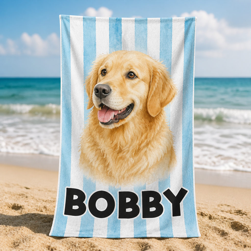 Watercolor Pet Portrait Beach Towel with Name - Personalized Beach Towel 747a6002-709a-4ca0-81f2-649b4115d534.png