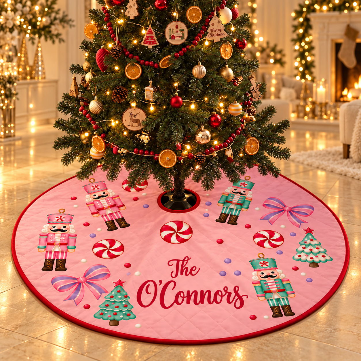 Custom Christmas Pinky Tree Skirt With Your Family Name, Gift For Family 749a85a7-6b05-4b3d-88ab-e65518e227c3-Pink-Tree-Skirt-in-Elegant-Christmas-Room.png