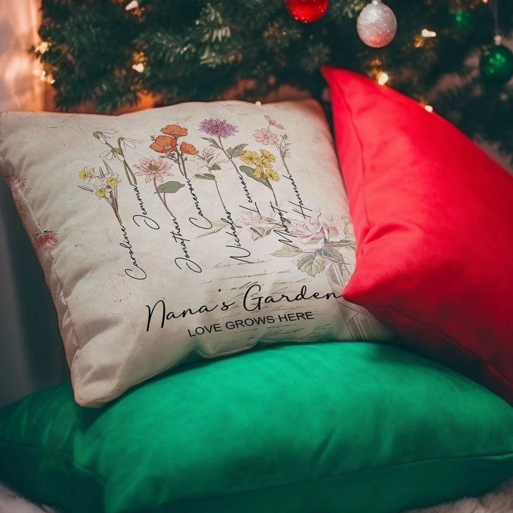 Personalised Family Watercolor Birth Flower Painting Cushion Throw Pillow Cover with 1-8 Names Mother's Day Birthday Gift for Grandma Mother