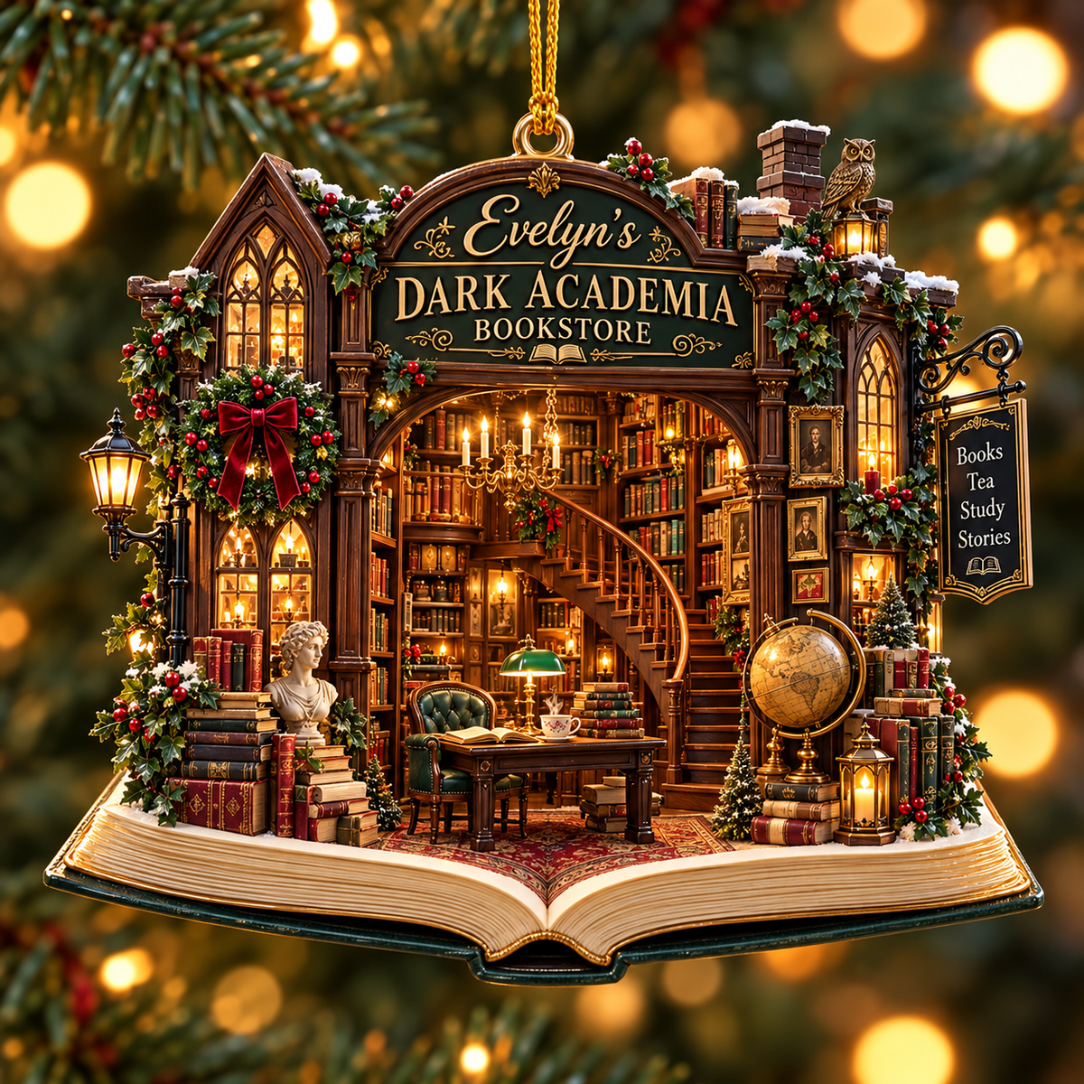 Personalized Dark Academia Bookstore Christmas Ornament – Custom Name 2D Flat Acrylic Ornament, Gothic Library Gift for Book Lovers 74d99041-8563-46c3-8e48-a1787b9cdfe3-Evelyn-s-Dark-Academia-Bookstore-Ornament.png